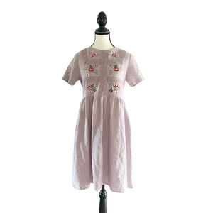 (Unbranded) Cotton Pastel Purple Dress Size xs Floral Embroidery Gathered Waist